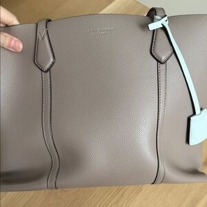 Tory Burch Taupe Leather Tote with Light Blue Tag